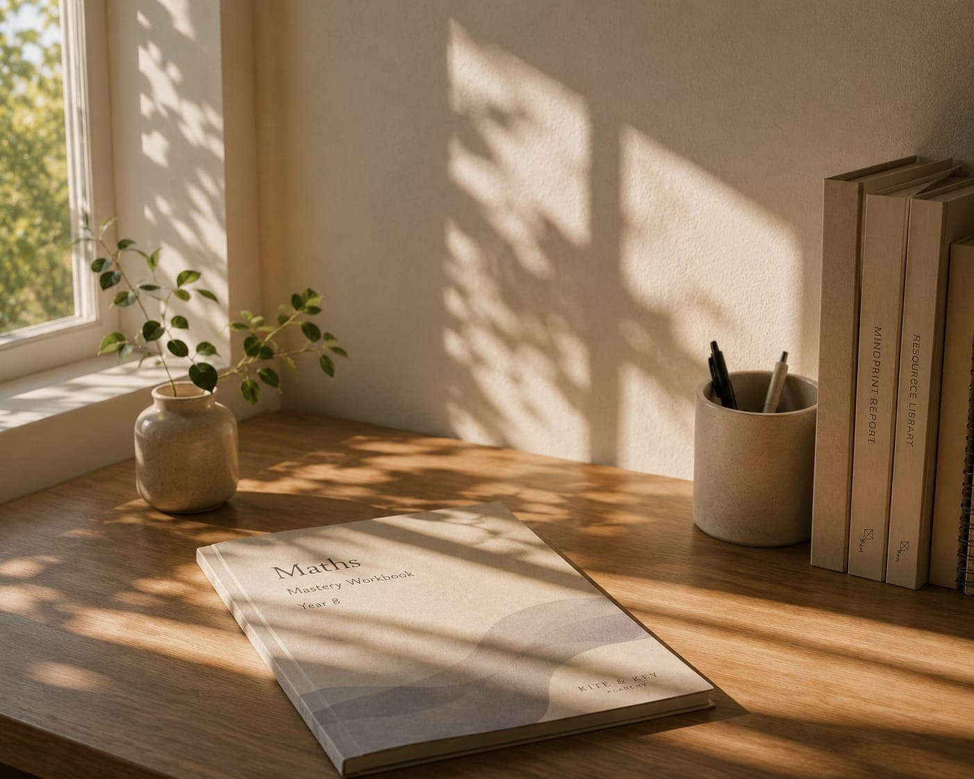 Over-shoulder of a Year 7–8 student at an oak desk by a window, morning light, pencil in hand — the moment before understanding arrives.