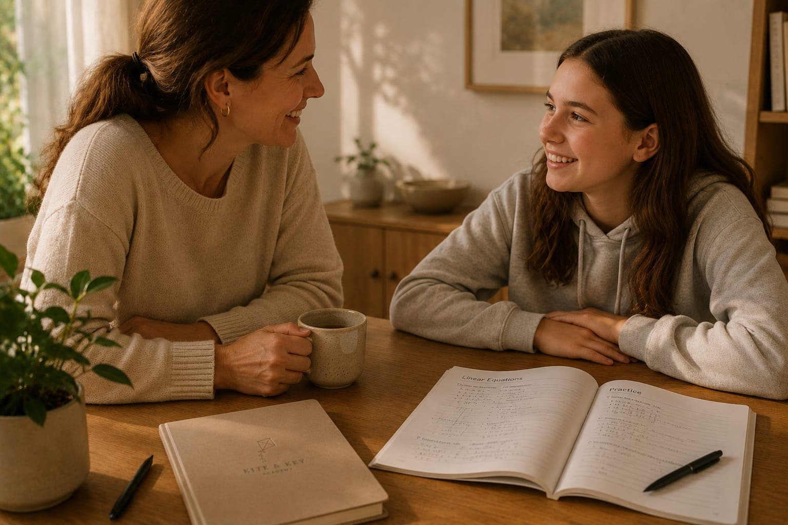 A parent and child at the kitchen bench laughing over homework — relief, not triumph. Golden hour.